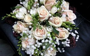 Preview wallpaper roses, freesia, gypsophila, bouquet, decoration