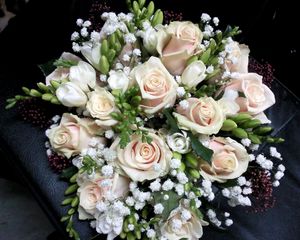 Preview wallpaper roses, freesia, gypsophila, bouquet, decoration