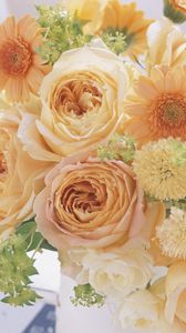 Preview wallpaper roses, gerbera, flower, bouquet, vase, composition