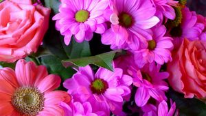 Preview wallpaper roses, gerbera, flowers, bouquet, close-up