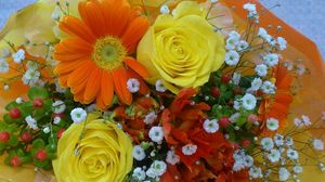 Preview wallpaper roses, gerbera, gypsophila, bouquet, decoration