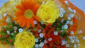 Preview wallpaper roses, gerbera, gypsophila, bouquet, decoration