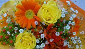 Preview wallpaper roses, gerbera, gypsophila, bouquet, decoration