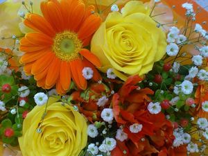 Preview wallpaper roses, gerbera, gypsophila, bouquet, decoration