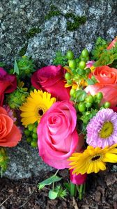 Preview wallpaper roses, gerberas, asters, flowers, bouquets, three, drawing, stone