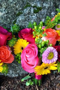Preview wallpaper roses, gerberas, asters, flowers, bouquets, three, drawing, stone