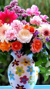 Preview wallpaper roses, gerberas, carnations, flowers, bouquet, mix, pitcher