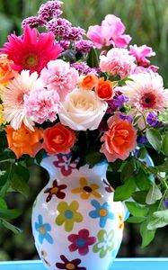 Preview wallpaper roses, gerberas, carnations, flowers, bouquet, mix, pitcher