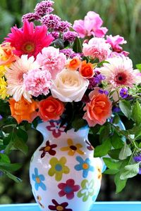 Preview wallpaper roses, gerberas, carnations, flowers, bouquet, mix, pitcher