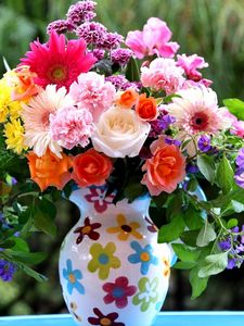 Preview wallpaper roses, gerberas, carnations, flowers, bouquet, mix, pitcher