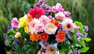 Preview wallpaper roses, gerberas, carnations, flowers, bouquet, mix, pitcher