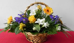 Preview wallpaper roses, gerberas, irises, leaves, song, basket