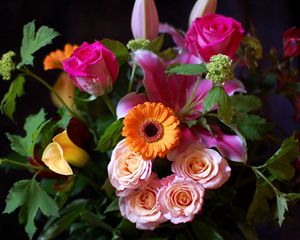 Preview wallpaper roses, gerberas, lilies, flowers, bunch, charm