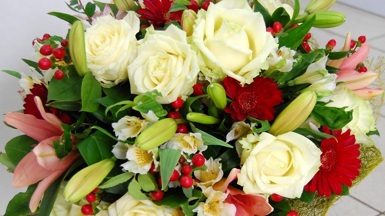 Wallpaper roses, gerberas, lilies, flowers, bouquet, decoration