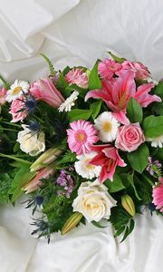 Preview wallpaper roses, gerberas, lilies, flowers, herbs, composition, fabric