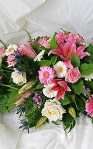 Preview wallpaper roses, gerberas, lilies, flowers, herbs, composition, fabric