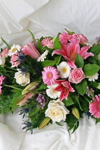 Preview wallpaper roses, gerberas, lilies, flowers, herbs, composition, fabric