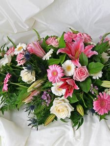 Preview wallpaper roses, gerberas, lilies, flowers, herbs, composition, fabric