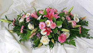 Preview wallpaper roses, gerberas, lilies, flowers, herbs, composition, fabric