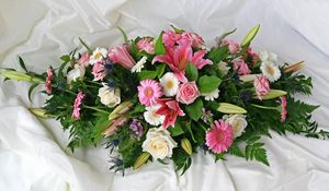 Preview wallpaper roses, gerberas, lilies, flowers, herbs, composition, fabric