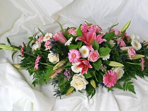 Preview wallpaper roses, gerberas, lilies, flowers, herbs, composition, fabric