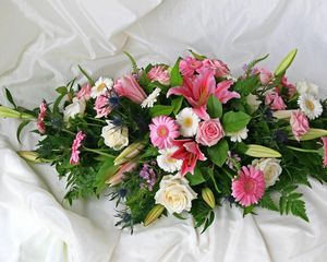 Preview wallpaper roses, gerberas, lilies, flowers, herbs, composition, fabric