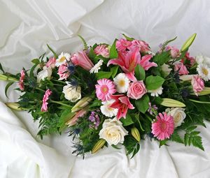Preview wallpaper roses, gerberas, lilies, flowers, herbs, composition, fabric