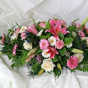 Preview wallpaper roses, gerberas, lilies, flowers, herbs, composition, fabric