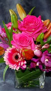 Preview wallpaper roses, gerberas, orchids, buds, flowers, composition