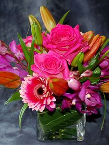 Preview wallpaper roses, gerberas, orchids, buds, flowers, composition