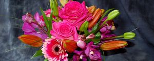 Preview wallpaper roses, gerberas, orchids, buds, flowers, composition