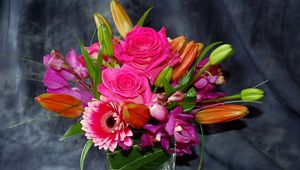 Preview wallpaper roses, gerberas, orchids, buds, flowers, composition