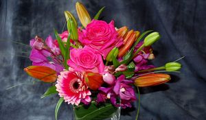 Preview wallpaper roses, gerberas, orchids, buds, flowers, composition