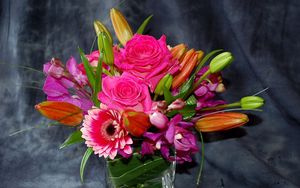 Preview wallpaper roses, gerberas, orchids, buds, flowers, composition