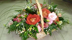 Preview wallpaper roses, gypsophila, alstroemeria, greens, basket, decoration