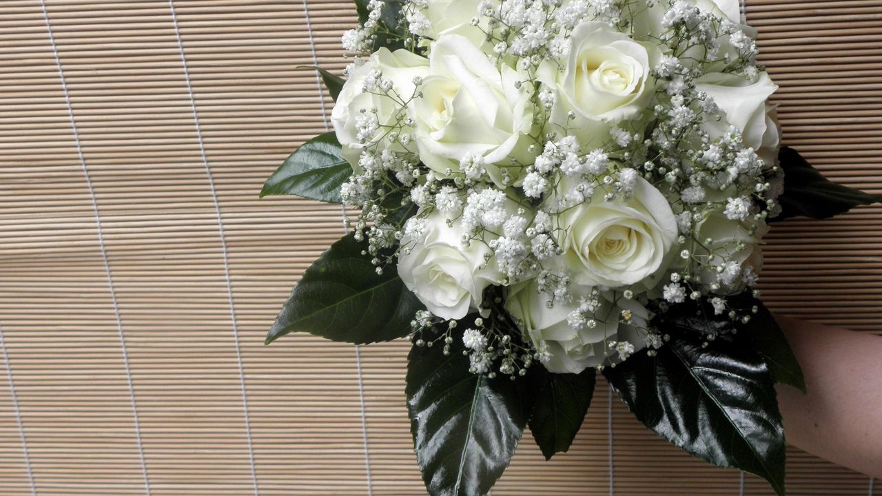 Wallpaper roses, gypsophila, bouquet, leaves, background, hand