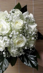 Preview wallpaper roses, gypsophila, bouquet, leaves, background, hand