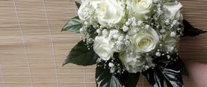 Preview wallpaper roses, gypsophila, bouquet, leaves, background, hand