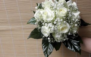 Preview wallpaper roses, gypsophila, bouquet, leaves, background, hand