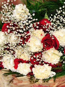 Preview wallpaper roses, gypsophila, carnations, bouquet, decoration
