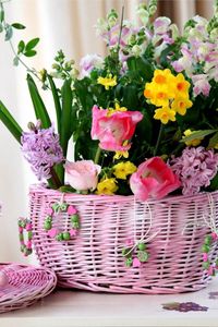Preview wallpaper roses, hyacinths, daffodils, tulips, freesia, flowers, baskets, mouse