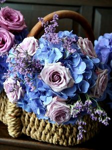 Preview wallpaper roses, hydrangea, flower, basket, beauty