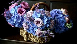 Preview wallpaper roses, hydrangea, flower, basket, beauty