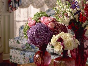 Preview wallpaper roses, hydrangeas, flowers, bouquets, vases, bathroom, interior