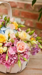 Preview wallpaper roses, hydrangeas, flowers, basket, table