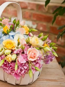 Preview wallpaper roses, hydrangeas, flowers, basket, table