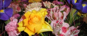 Preview wallpaper roses, irises, alstroemeria, flowers, bouquets, leaves, clearance, close-up