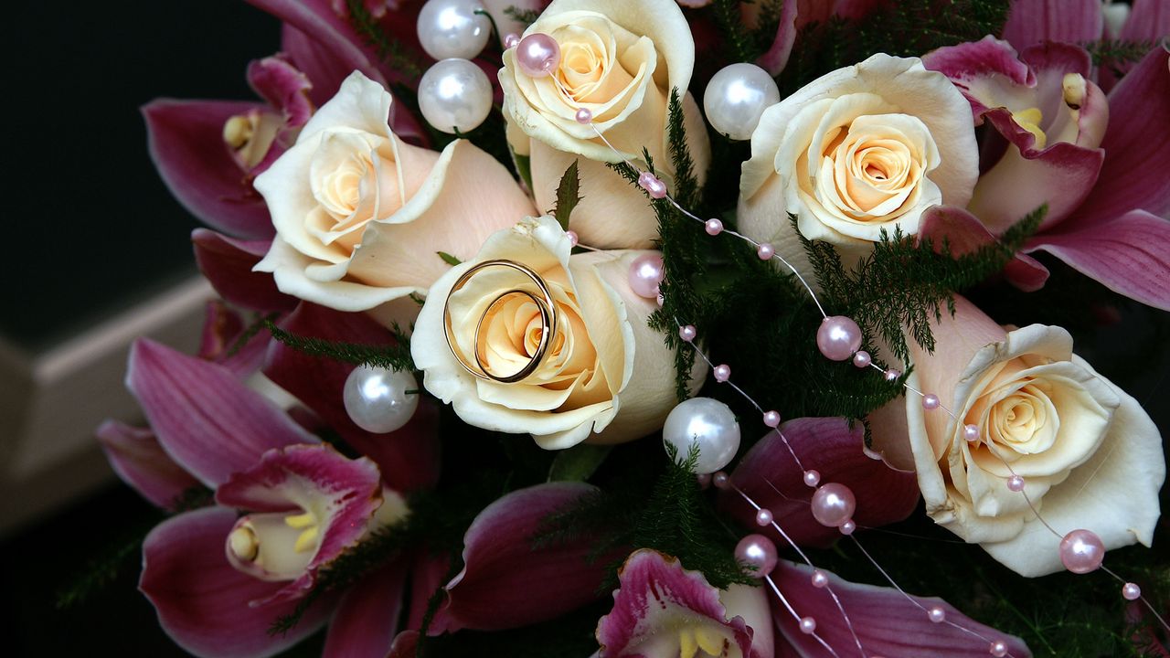 Wallpaper roses, lilies, bouquet, ring, wedding, beads, happiness, joy