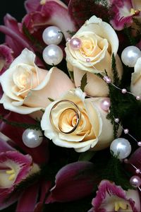 Preview wallpaper roses, lilies, bouquet, ring, wedding, beads, happiness, joy