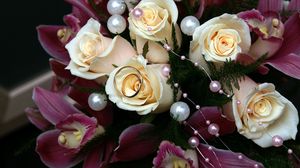 Preview wallpaper roses, lilies, bouquet, ring, wedding, beads, happiness, joy